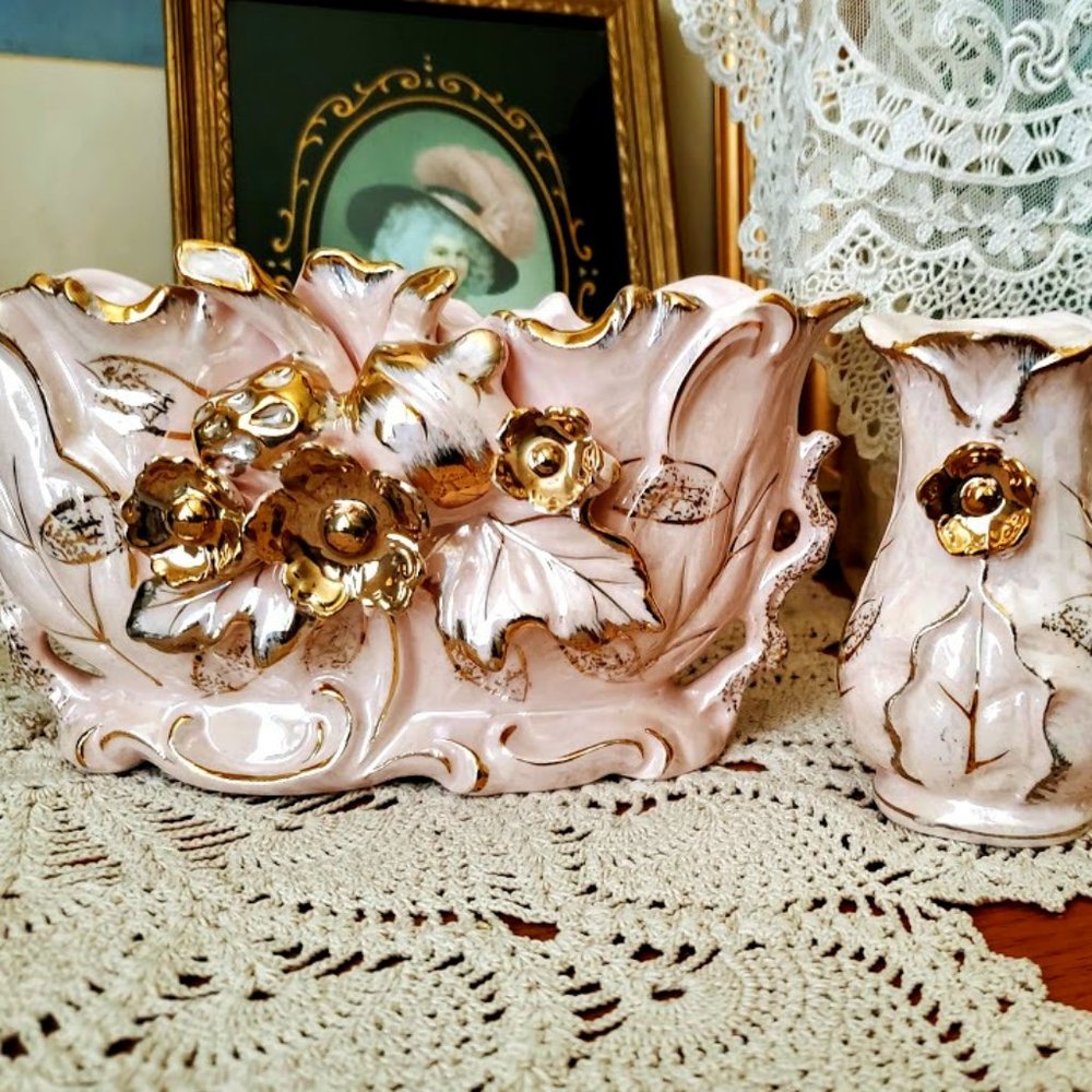 Vintage MCM Betson Pottery Hand Painted Planter & Taper Candle Holders Pink/Gold